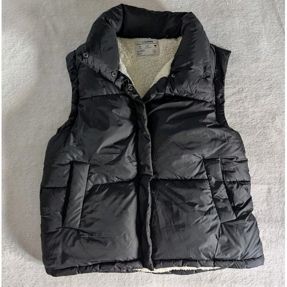 Ci Sono Padded Puffer Vest Black Sherpa Lined Sz M Winter Layering Cozy